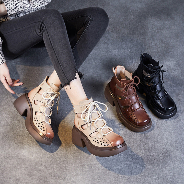 Breathable Leather Cut-out Sandals for Women - High Platform Gladiator Boots with Lace-up & Zipper