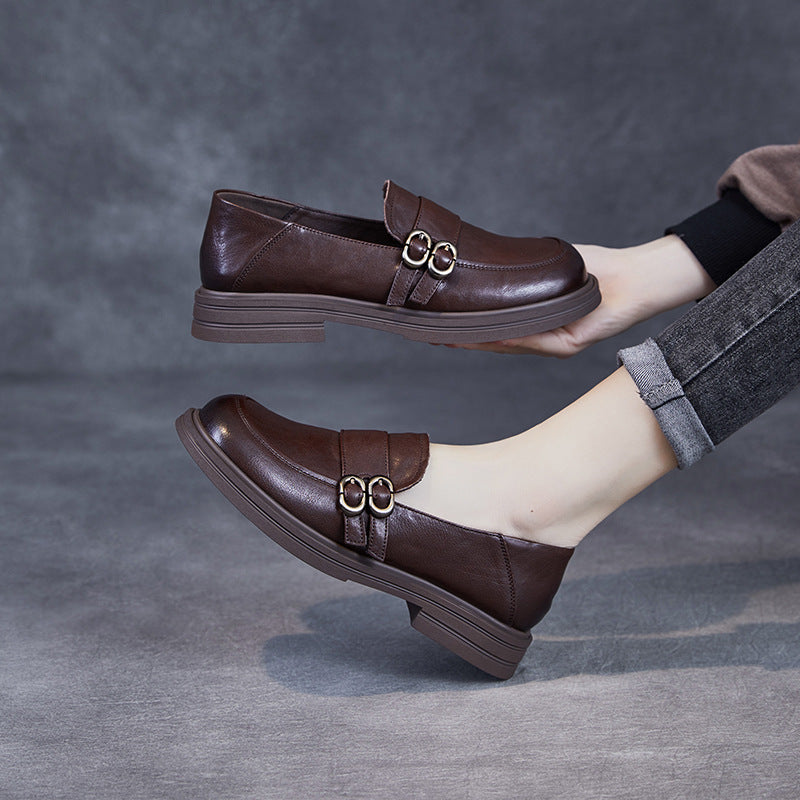 Women’s Leather Slip-On Loafers – Vintage British Low Heel