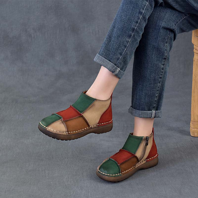 Women's Vintage Patchwork Leather Ankle Boots Hand-Stitched Flat Booties Zipper