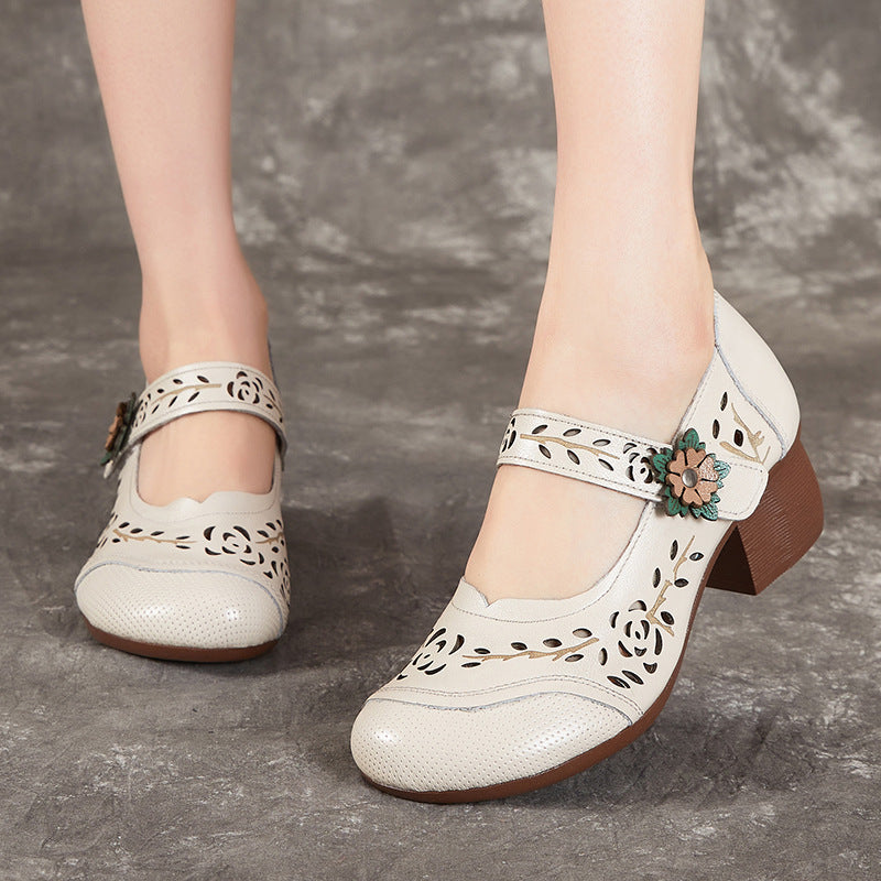 Women's Shoes Retro Summer Leather Sandals Hollowed Out Chunky Heeled