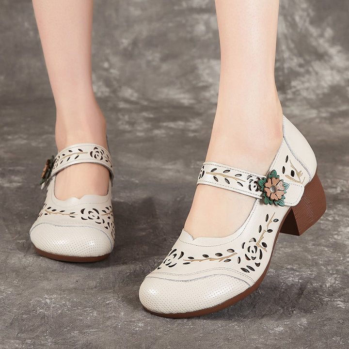 Women's Shoes Retro Summer Leather Sandals Hollowed Out Chunky Heeled