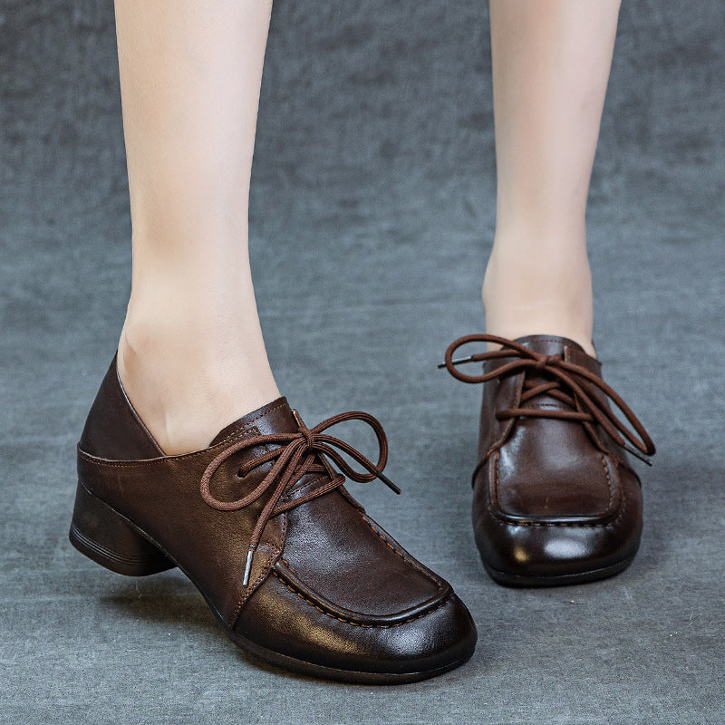 Women's Leather Pumps - Square Round Toe Lace-Up Low Block Chunky Heel Oxford Loafers