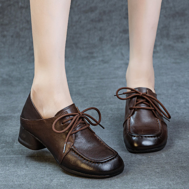 Women's Leather Pumps - Square Round Toe Lace-Up Low Block Chunky Heel Oxford Loafers