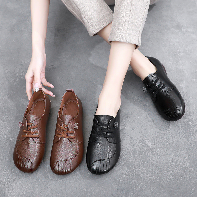 Women's Unlined Cowhide Flats - Breathable Genuine Leather Lace-up Casual Walking Shoes