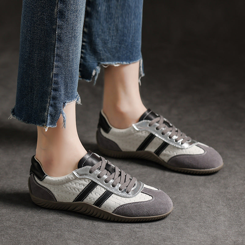 Women's Genuine Leather Retro Sneakers Patchwork Flat Lace Up Casual Walking Shoes