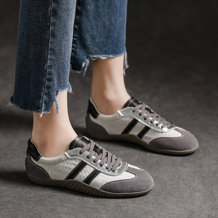 Women's Genuine Leather Retro Sneakers Patchwork Flat Lace Up Casual Walking Shoes