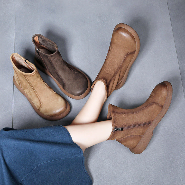 Women’s Leather Flat Ankle Boots – Comfortable Casual Side Zip Shoes