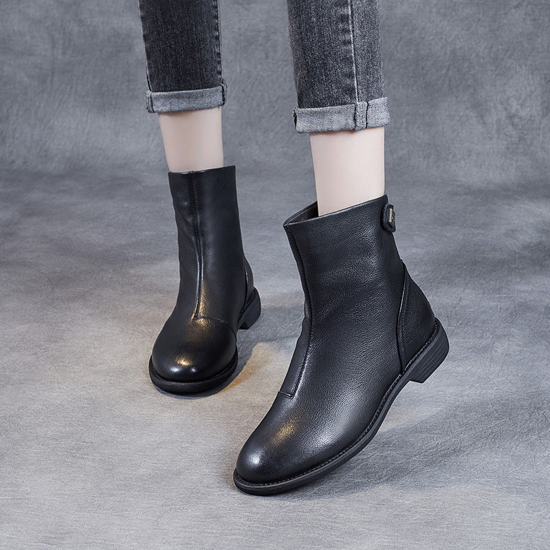 Women's Genuine Leather Short Boots – Minimalist Design with Zipper Closure