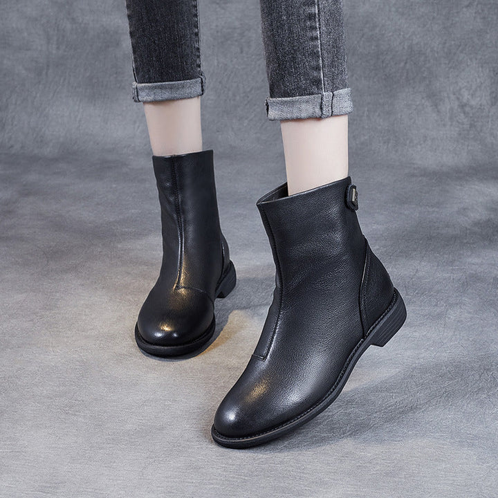 Women's Genuine Leather Short Boots – Minimalist Design with Zipper Closure