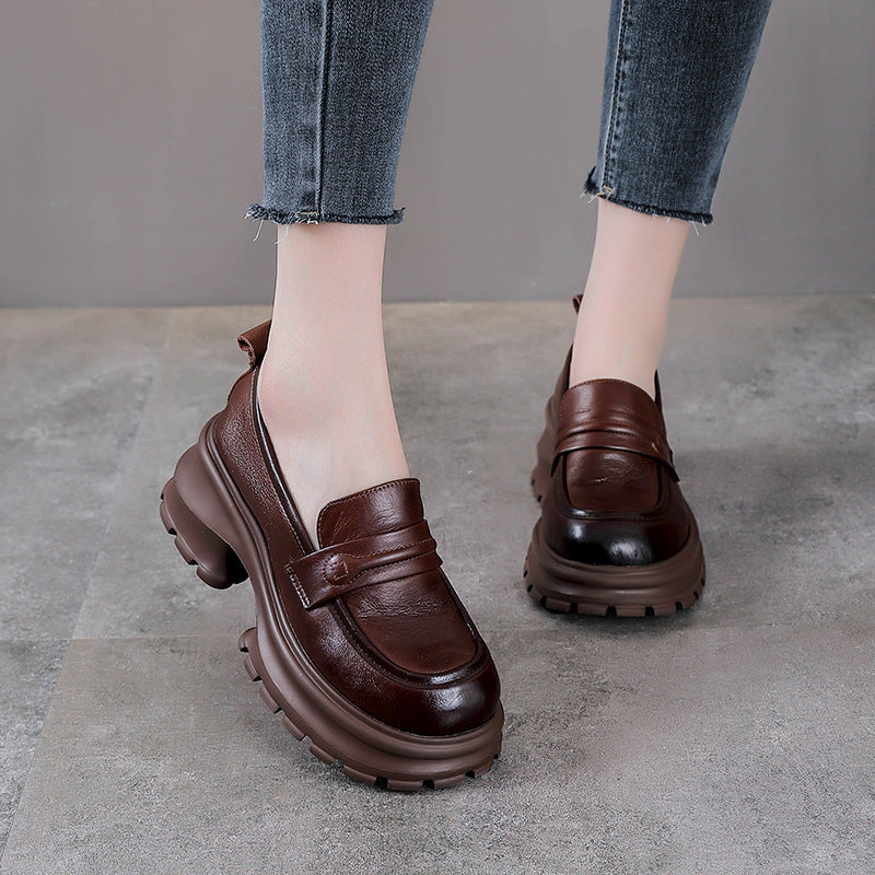 Women's Chunky Lug-Sole Loafers - Leather Elevated Platforms - Ultra-Lightweight Slip-Ons