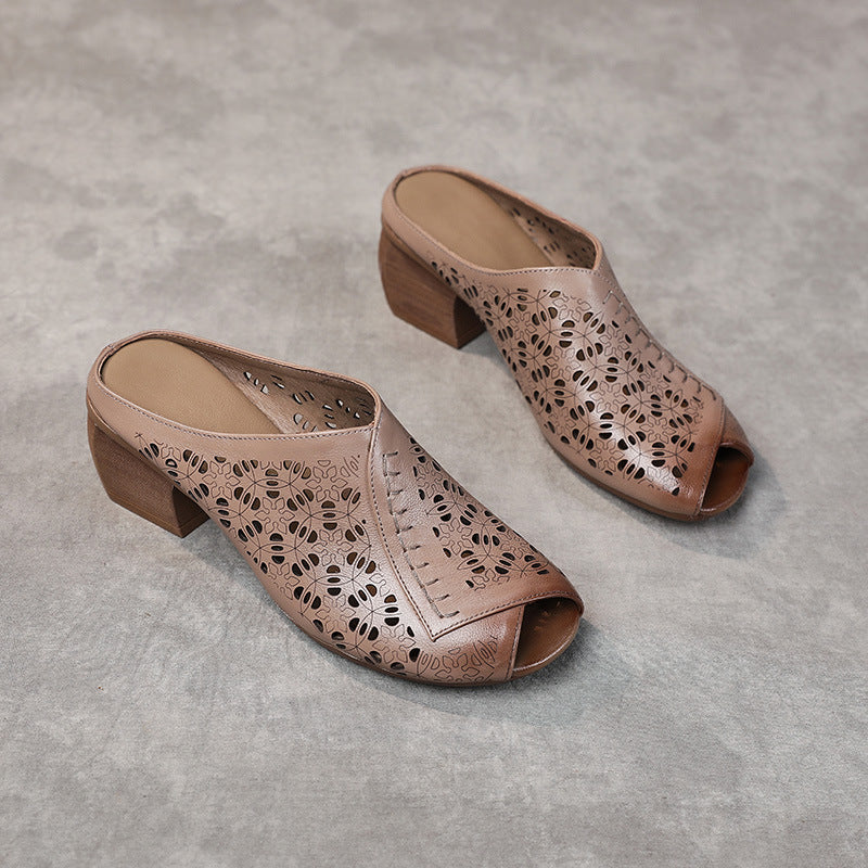 Women's Leather Mules - Hollow Out Floral Perforated Open Peep Toe Sandals Mid Block Chunky Heel Slides