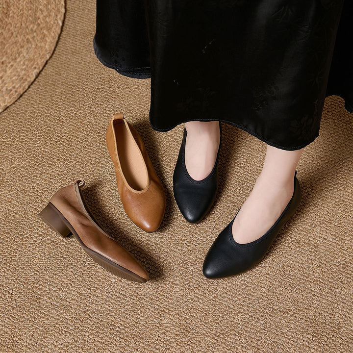 Women's Retro Leather Pumps Vintage Pointed Toe Slip-on Chunky Low Heels