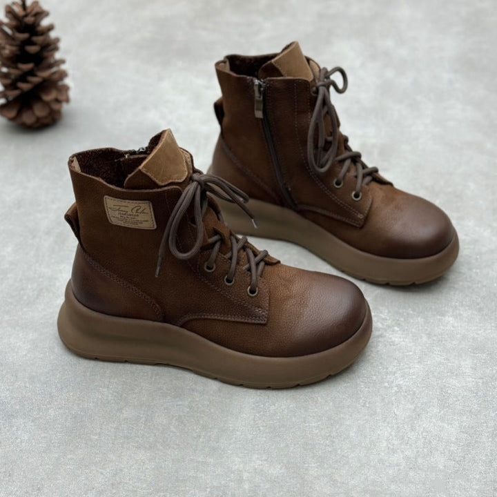 Women's Genuine Leather Vintage Casual Side Zipper Platform Ankle Boots