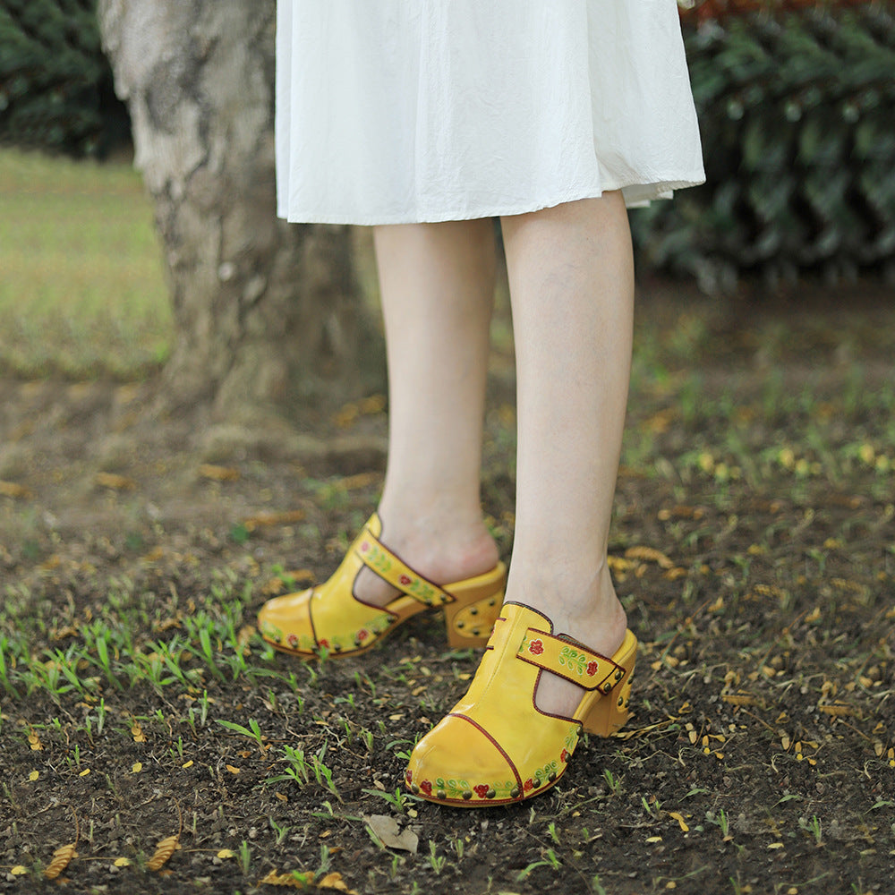 Boho Artisan Leather Mules for Women - Floral Printed Summer Sandals with Unique Studded Heel