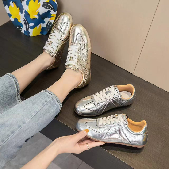 Women's Metallic Leather Running Sneakers Retro Gold Silver Lace-up Trainers