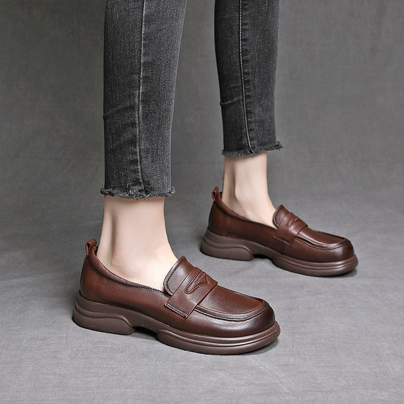Women's Genuine Leather Penny Loafer Shoes Platform Slip On Round Toe Flats