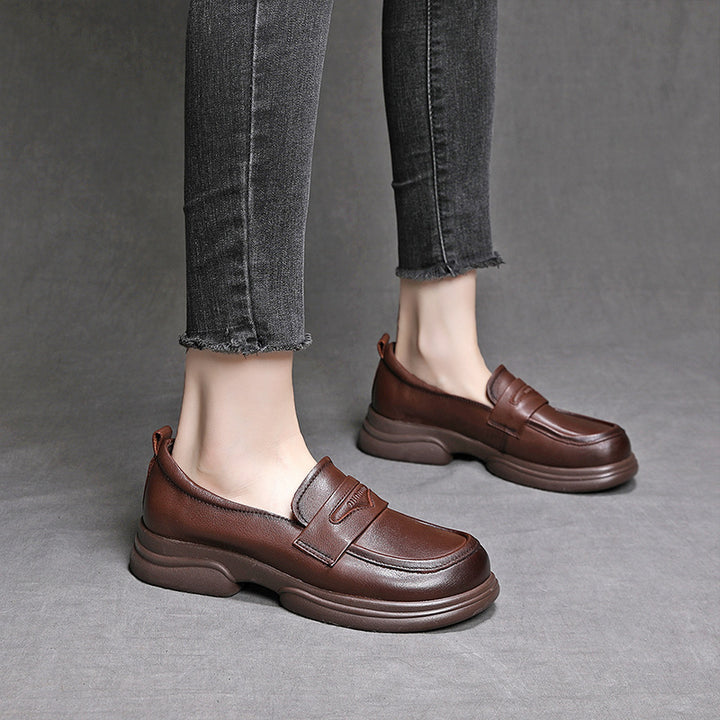Women's Genuine Leather Penny Loafer Shoes Platform Slip On Round Toe Flats