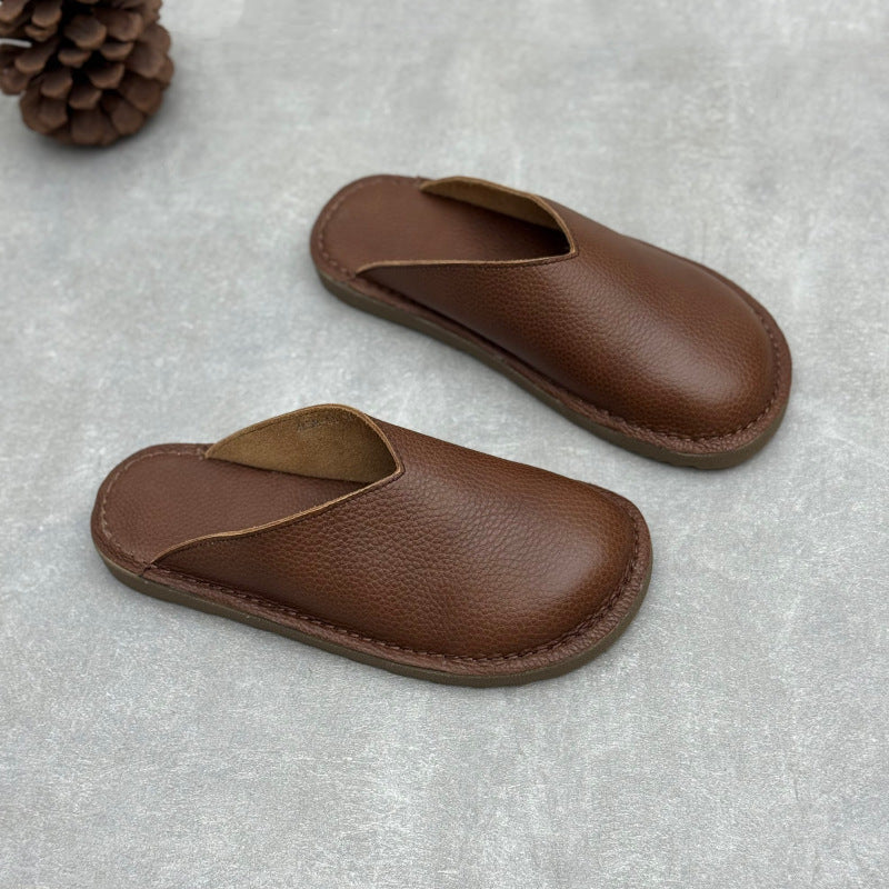 Minimalist V-Cut Cowhide Summer Mules Women's Leather Zen Flat Summer Slides
