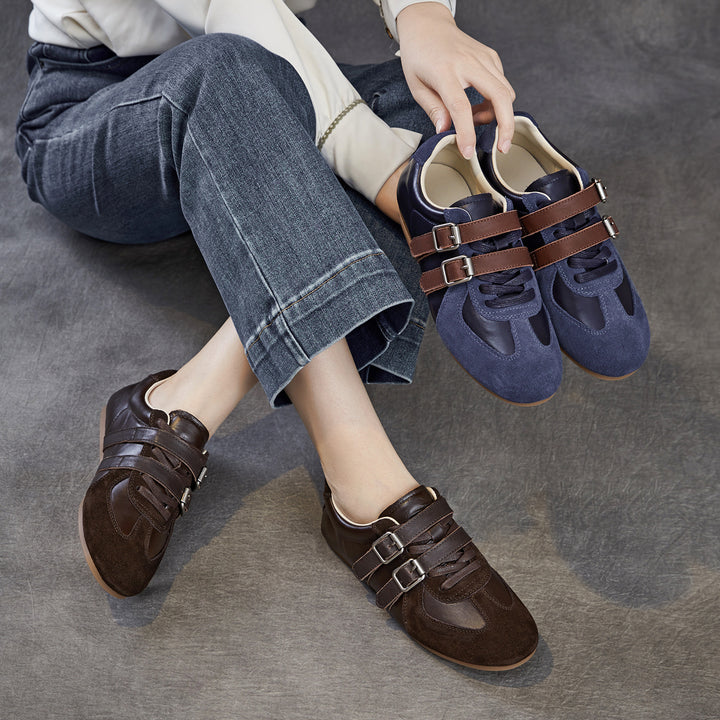 Women's Genuine Leather Double Buckle Strap Sneakers Retro Slip-on Flat Shoes
