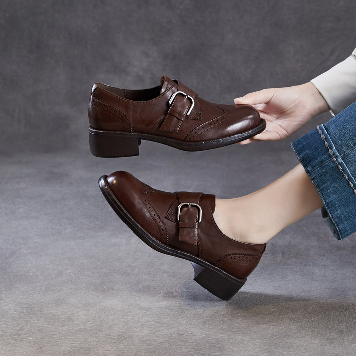 Women's Retro Leather Monk Strap Shoes Vintage Round Toe Brogue Chunky Heels