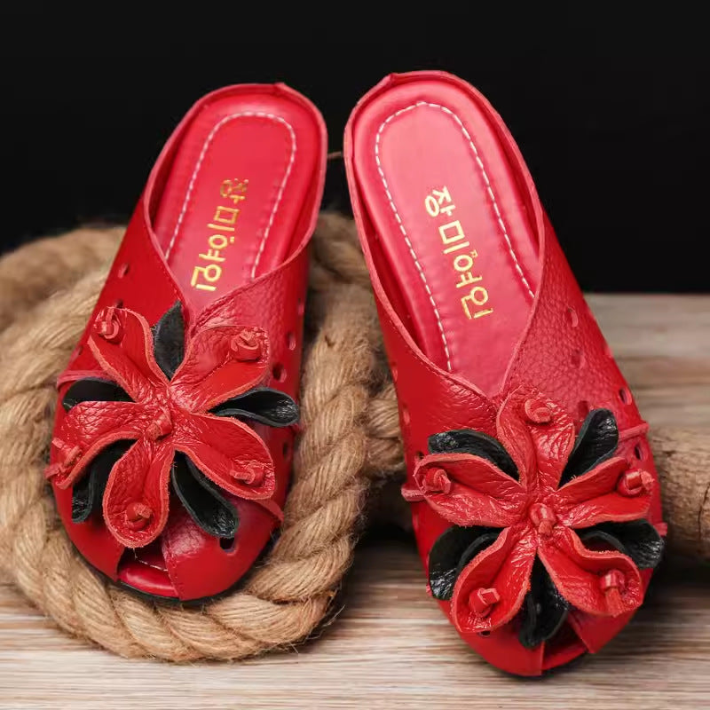 Women's Leather Mules - Retro Hollow Out Summer Sandals with Floral Detail, Slip-on Round Toe Flat Shoes