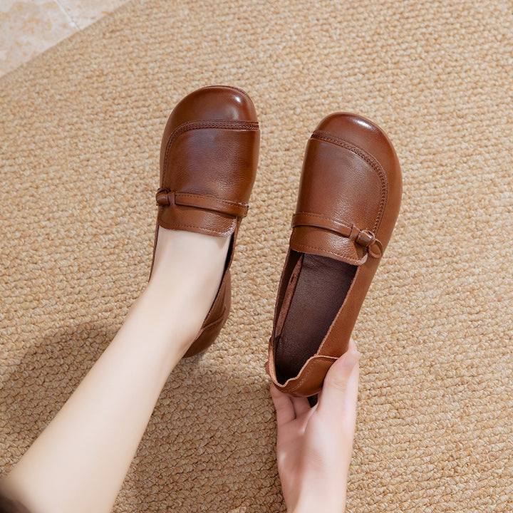 Women's Soft Leather Flats - Vintage Square Toe Drawstring Comfort Walking Shoes