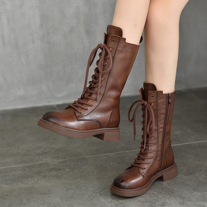 Women's Mid Calf Combat Boots Top-Grain Leather Lace Up Side Zipper Platform Booties