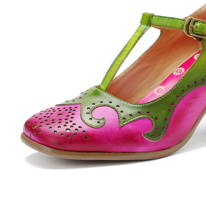 Vibrant Mary Janes for Women - Leather T-Strap Sandals with Floral Artistic Block Heel