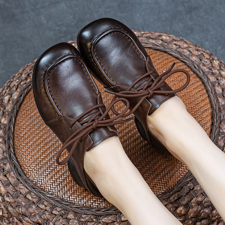 Women's Leather Pumps - Square Round Toe Lace-Up Low Block Chunky Heel Oxford Loafers