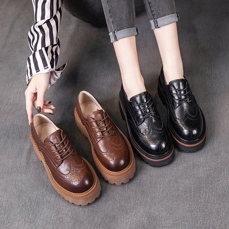 Women's British Style Brogue Oxfords - Genuine Leather with Chunky Sole