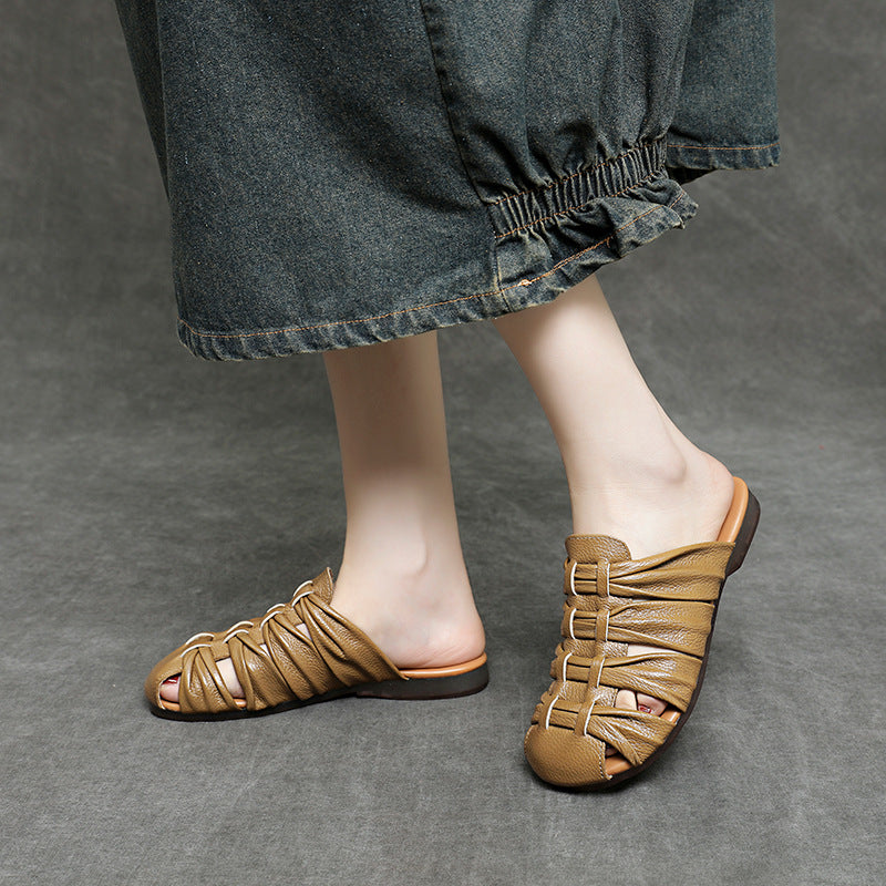 Women's Soft Leather Mules - Ruched Woven Closed Toe Flat Sandals Casual Slip-On Slide Slippers