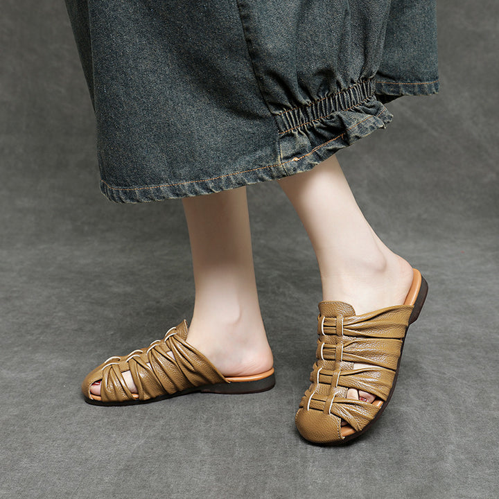 Women's Soft Leather Mules - Ruched Woven Closed Toe Flat Sandals Casual Slip-On Slide Slippers