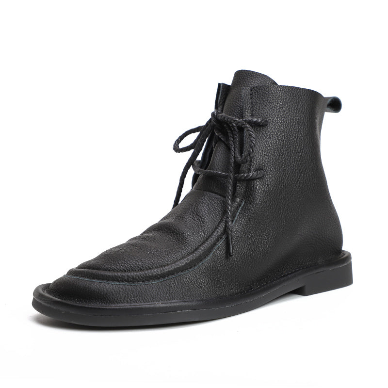 Women's Handmade Vintage Soft Leather Flat Lace-Up Ankle Boots Comfort Fit