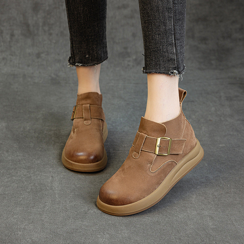 Women's Vintage Leather High-Top Ankle Boots – Buckle Strap Casual Style