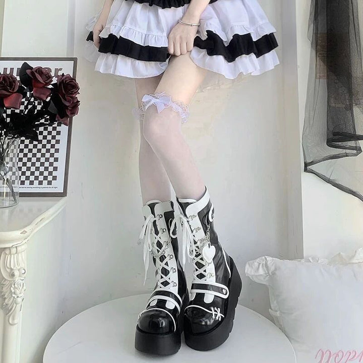 Sweet Lolita Platform Mid Calf Motorcycle Boots