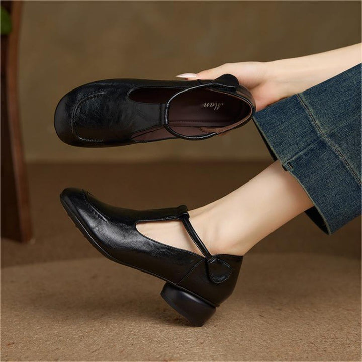 Women's Leather T-Strap Shoes with Block Heel Square Toe — Velcro Fastening, Casual Style