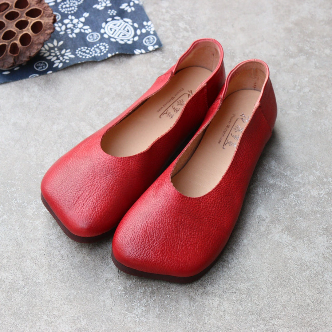 Women's Soft Genuine Leather Ballet Flats - Vintage Square Peep Toe Slip-On Loafers