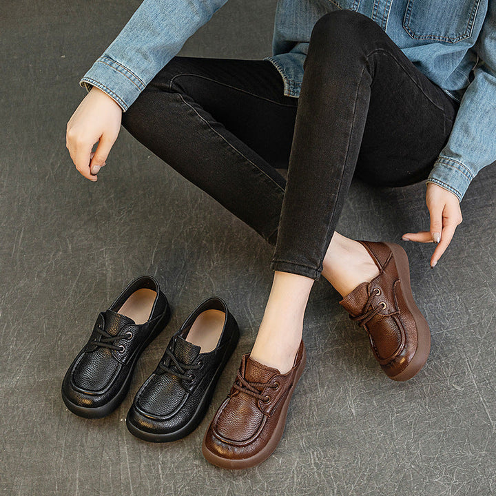 Women’s Handmade Leather Lace-Up Flats – Retro Soft Sole Casual Shoes