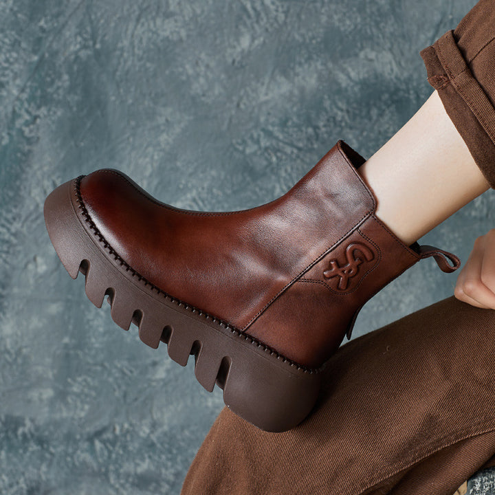 Women's Vintage Cowhide Platform Ankle Booties Round Toe Rubber Sole Winter Boots
