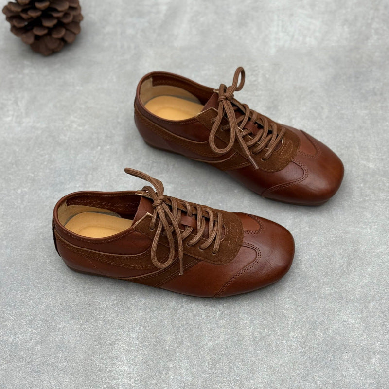 Women's Retro Washed Leather Sneakers Vintage Lace-up German Trainer Flats