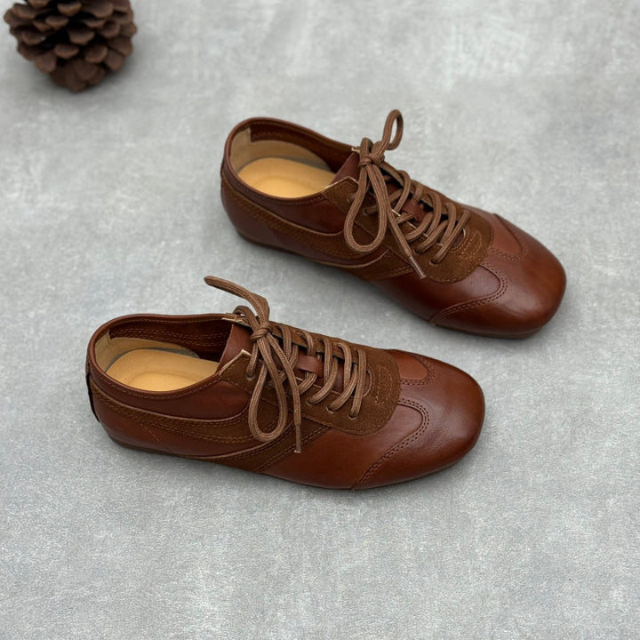 Women's Retro Washed Leather Sneakers Vintage Lace-up German Trainer Flats