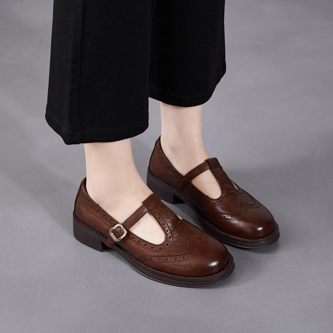 Women's Brogue T-Strap Mary Janes - Unlined Cowhide Leather - Block Heel
