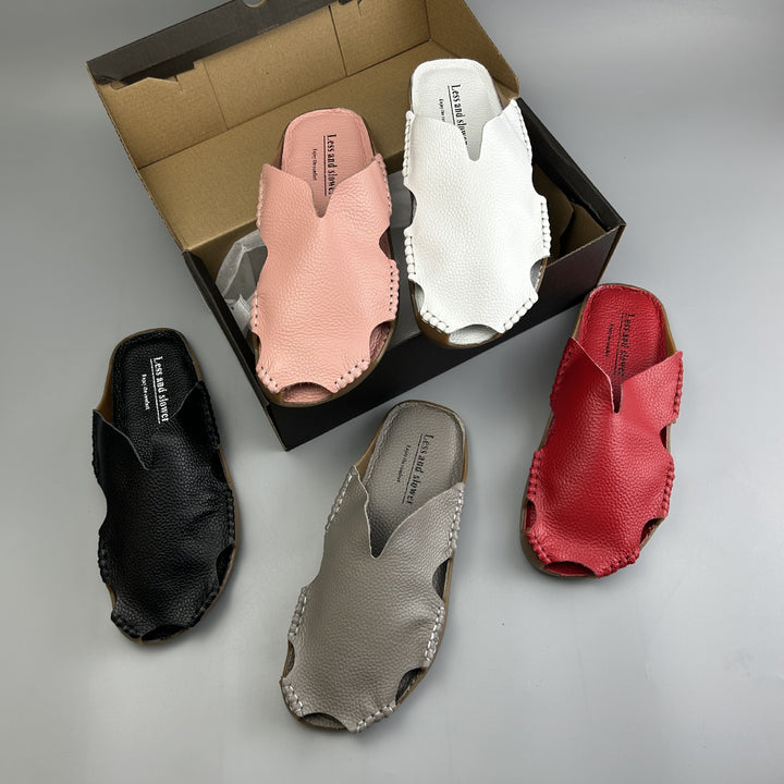 Women's Leather Mules - Soft Hand-Stitched Pebble Grain Flat Sandals Casual Summer Slip-On Slides