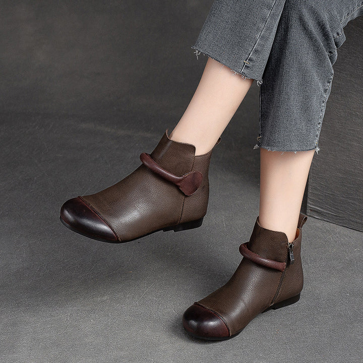 Women's Retro Leather Ankle Boots Vintage Round Toe Velcro Short Booties