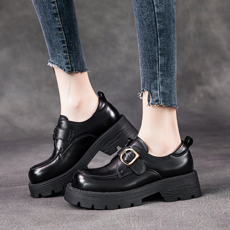 British Style Women's Chunky Loafers - Leather Oxford Shoes with Adjustable Velcro Strap