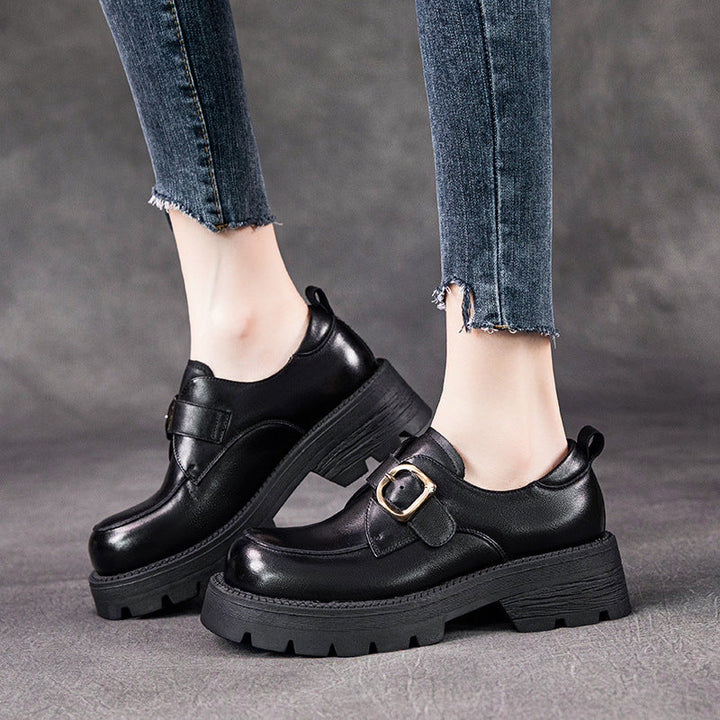 British Style Women's Chunky Loafers - Leather Oxford Shoes with Adjustable Velcro Strap