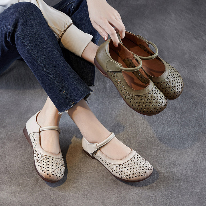 Women's Leather Mary Jane Sandals - Vintage Perforated Cut-Out Closed Round Toe Flat Shoes with Velcro