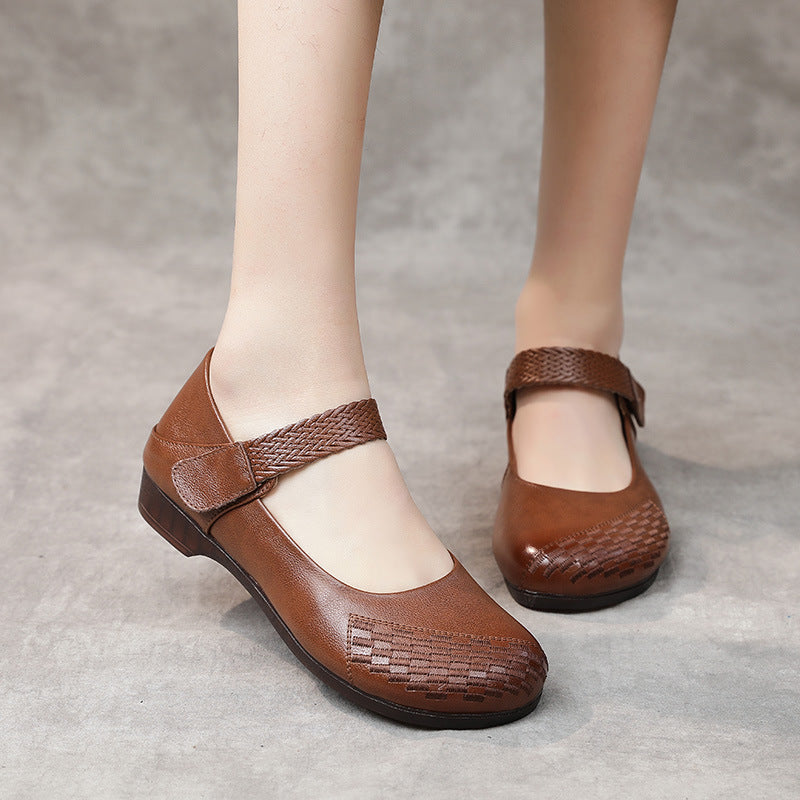 Women's Leather Mary Janes - Vintage Embossed Woven Toe Wedge Flats Comfort Walking Shoes