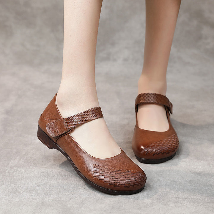 Women's Leather Mary Janes - Vintage Embossed Woven Toe Wedge Flats Comfort Walking Shoes