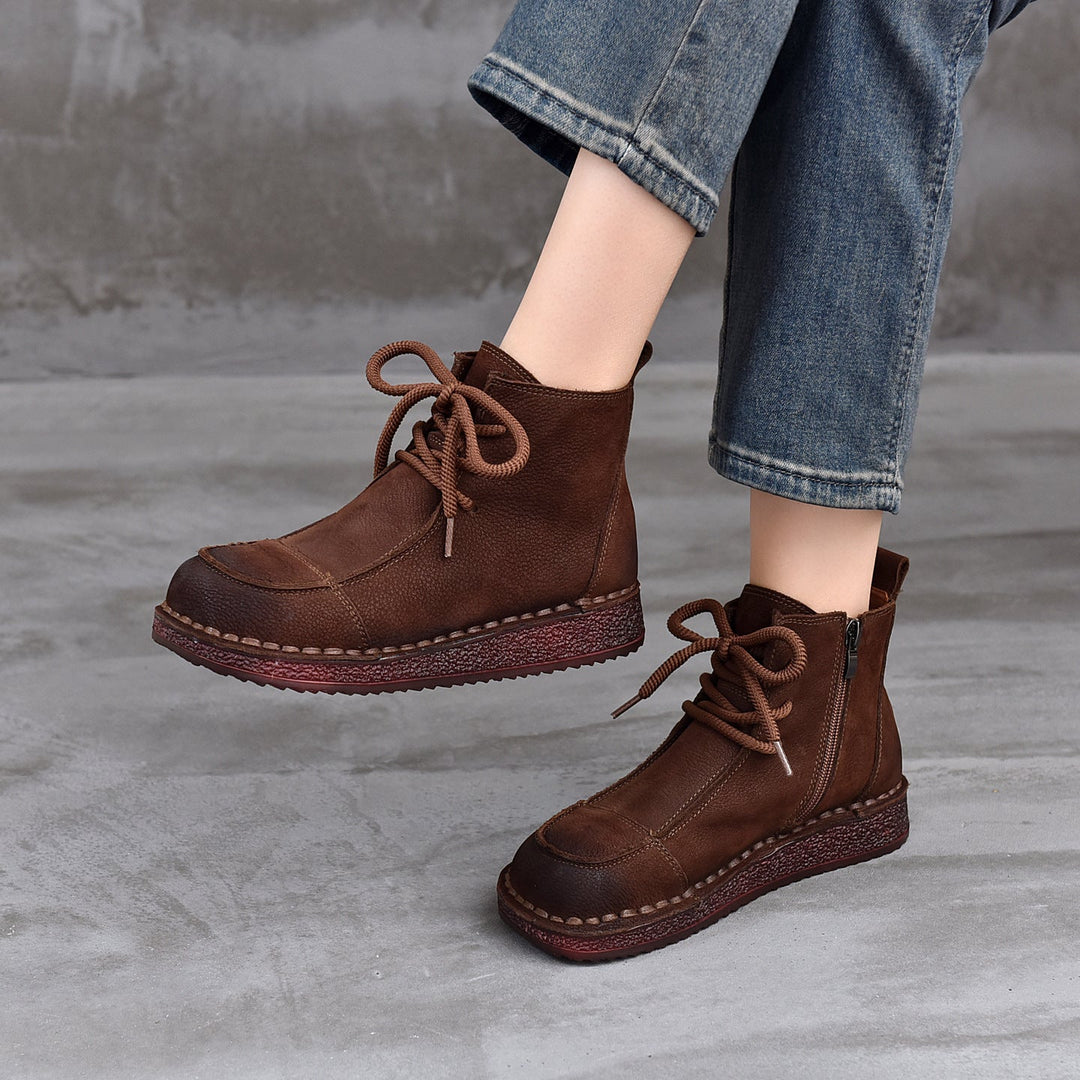 Women's Vintage Leather Ankle Boots – Soft Flat Lace-Up Zipper Short Shoes
